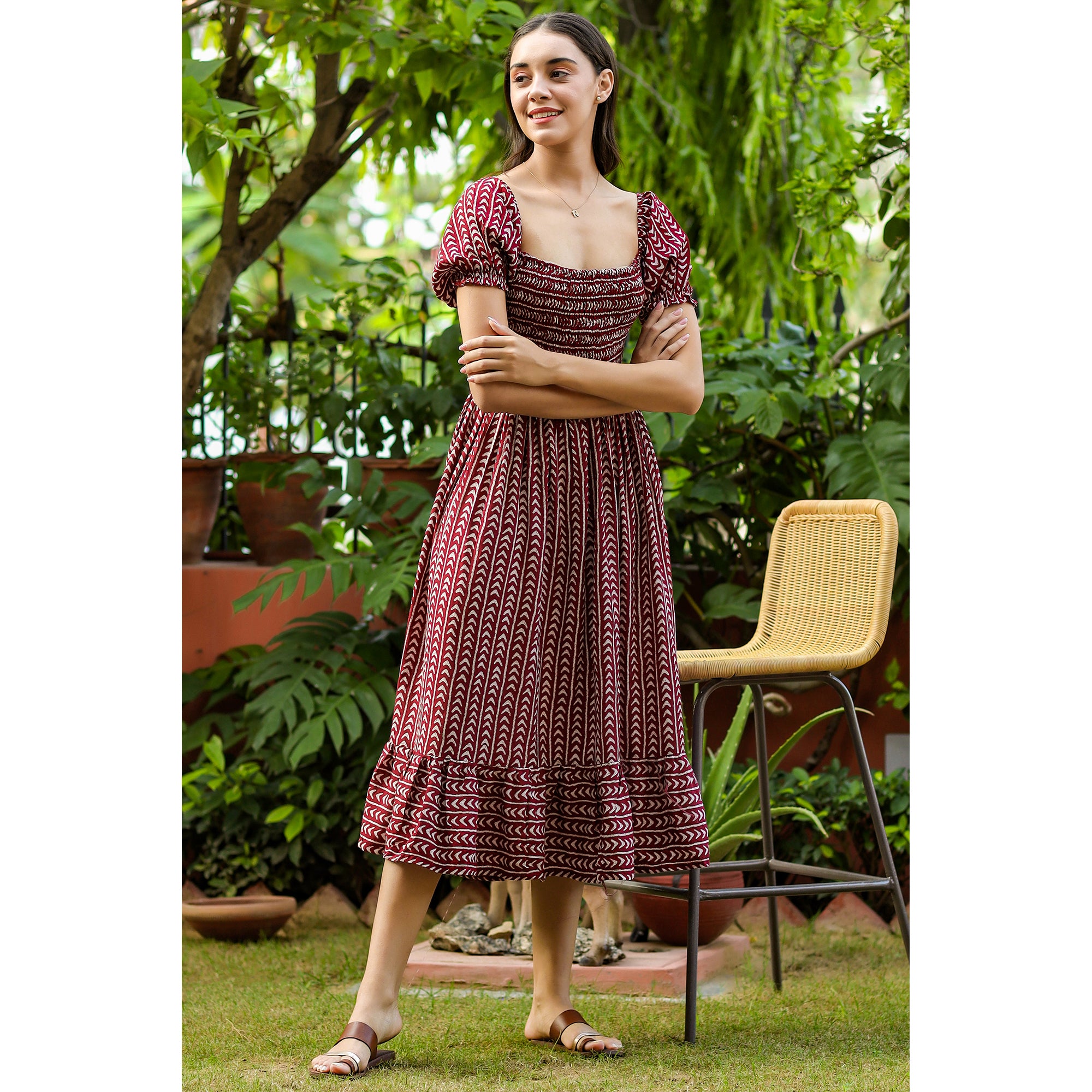 Geometric Arrows on Maroon Silk Midi Dress - Image 3