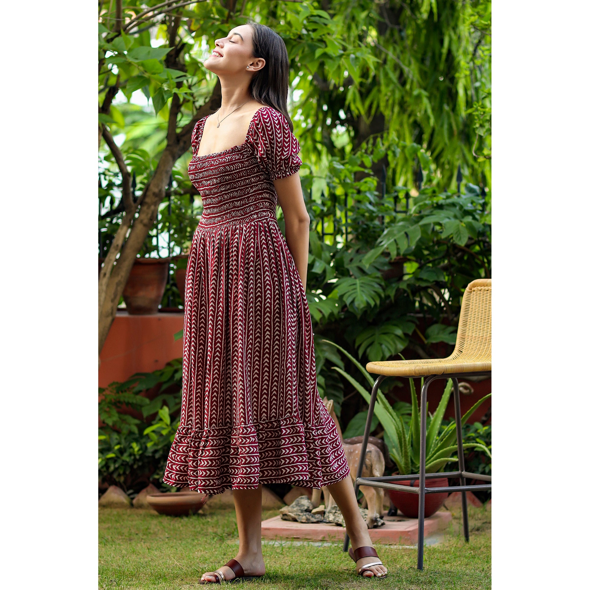 Geometric Arrows on Maroon Silk Midi Dress - Image 4