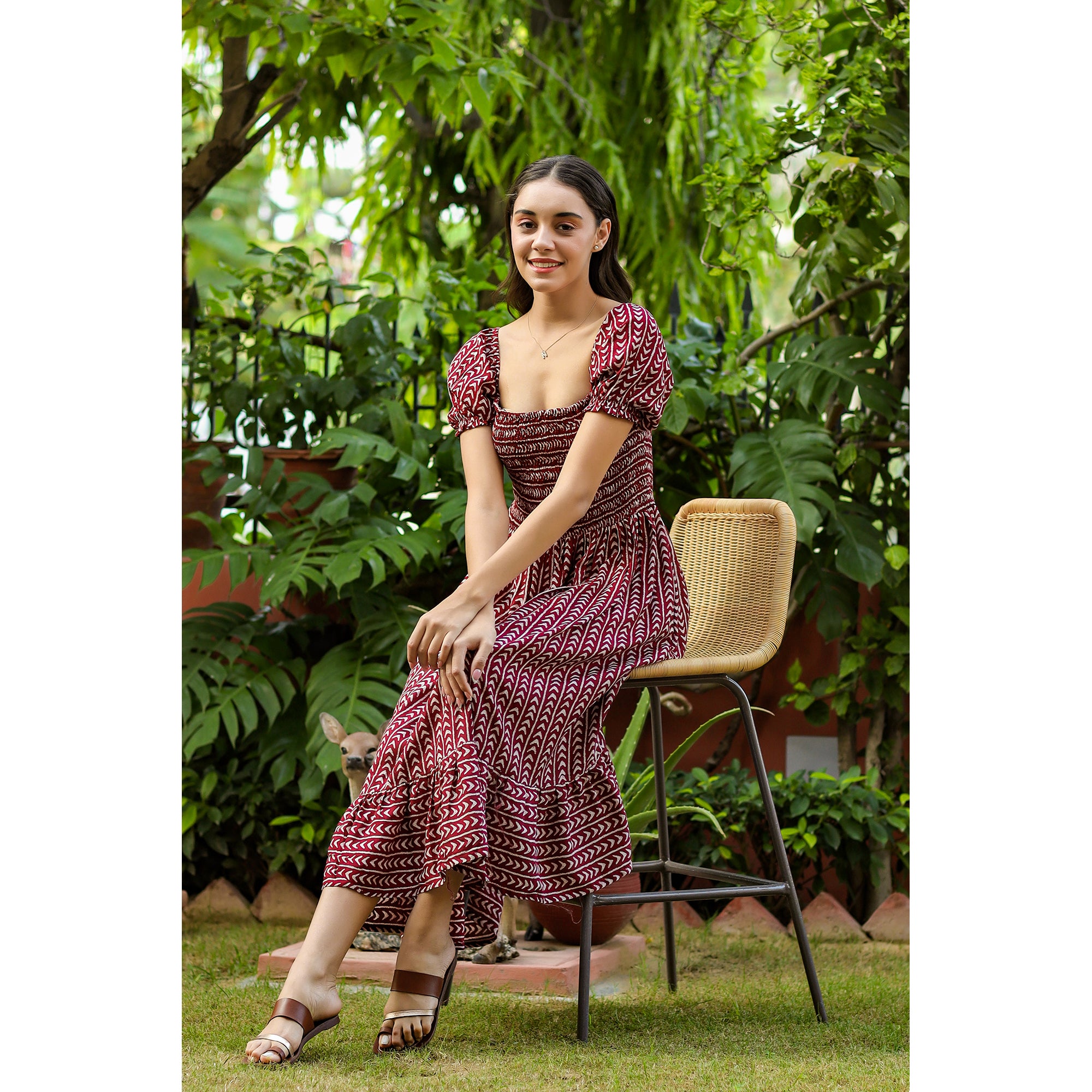 Geometric Arrows on Maroon Silk Midi Dress - Image 5