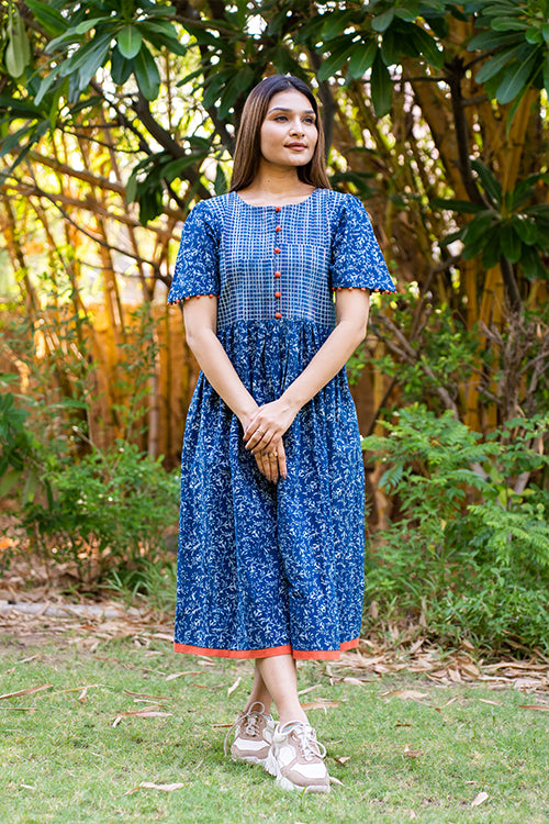 Moralfibre Handblock Printed Indigo Dress With Peach Pintucks And Hand Made Potli Details - Image 2
