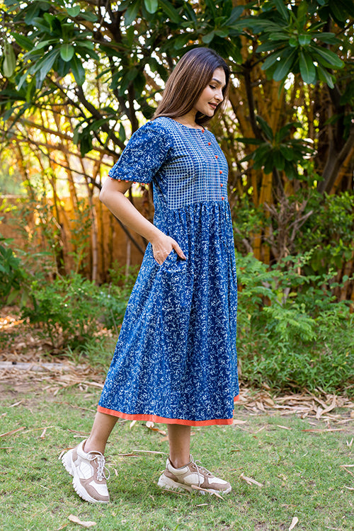 Moralfibre Handblock Printed Indigo Dress With Peach Pintucks And Hand Made Potli Details - Image 3