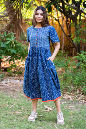 Moralfibre Handblock Printed Indigo Dress  With Peach Pintucks And Hand Made Potli Details