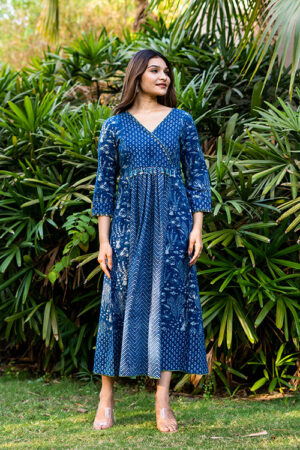 Moralfibre Handblock Printed Indigo Dress  With Hand Embroidered Beads And Coin Work