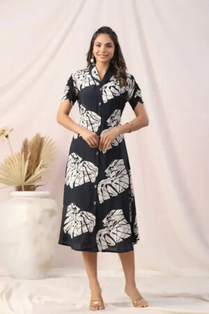 Black & White Tropical Leaf Printed Shirt Russian Silk Dress