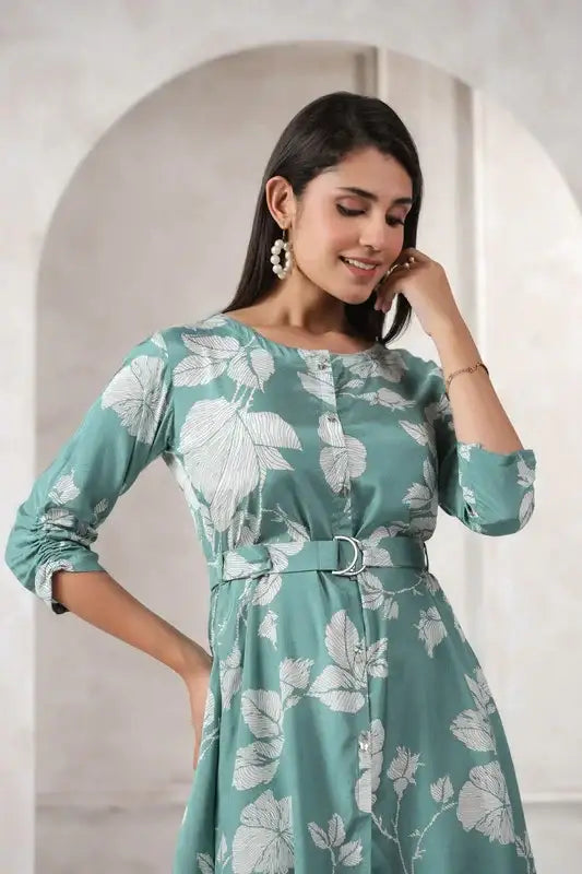 Chic Pista Green Floral Printed Russian Silk Dress - Image 8