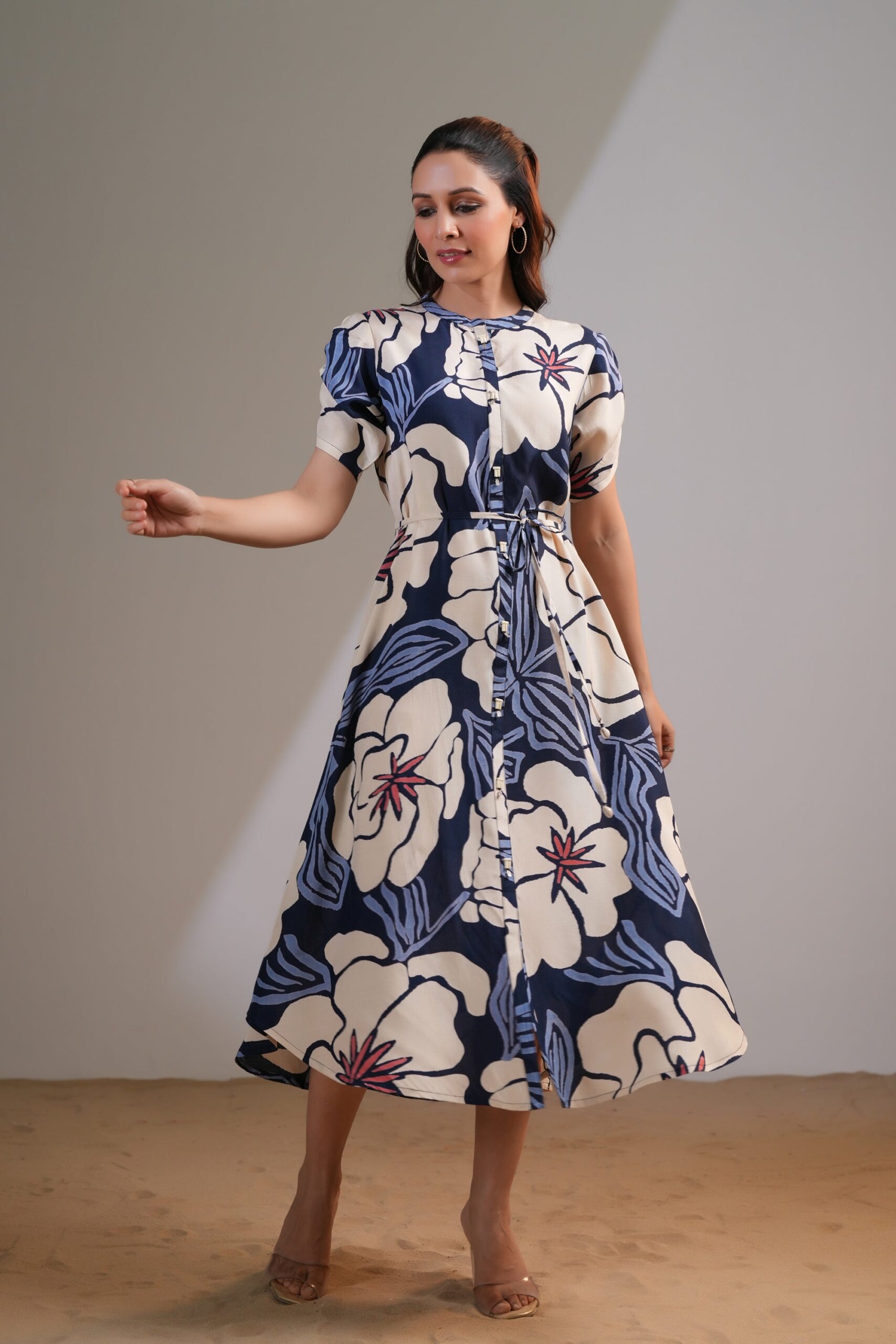 Midnight Petals Printed Multicolour Russian Silk Dress - Image 4