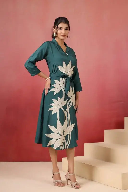 Green Floral Russian Silk Midi Dress - Image 4