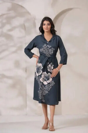 Charcoal Floral Russian Silk Midi Dress