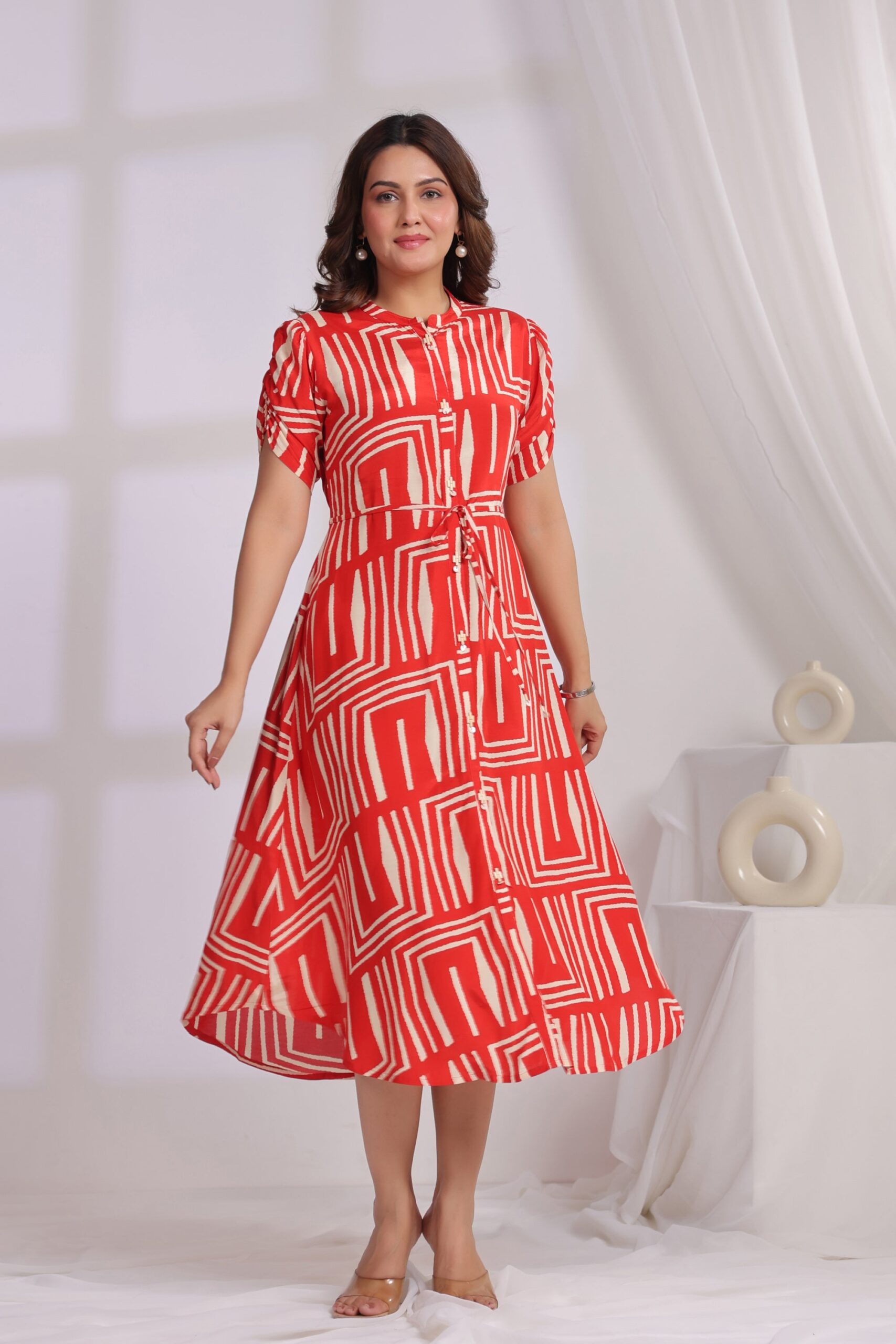 Contemporary Red Graphic Pattern Russian Silk Shirt Dress - Image 2