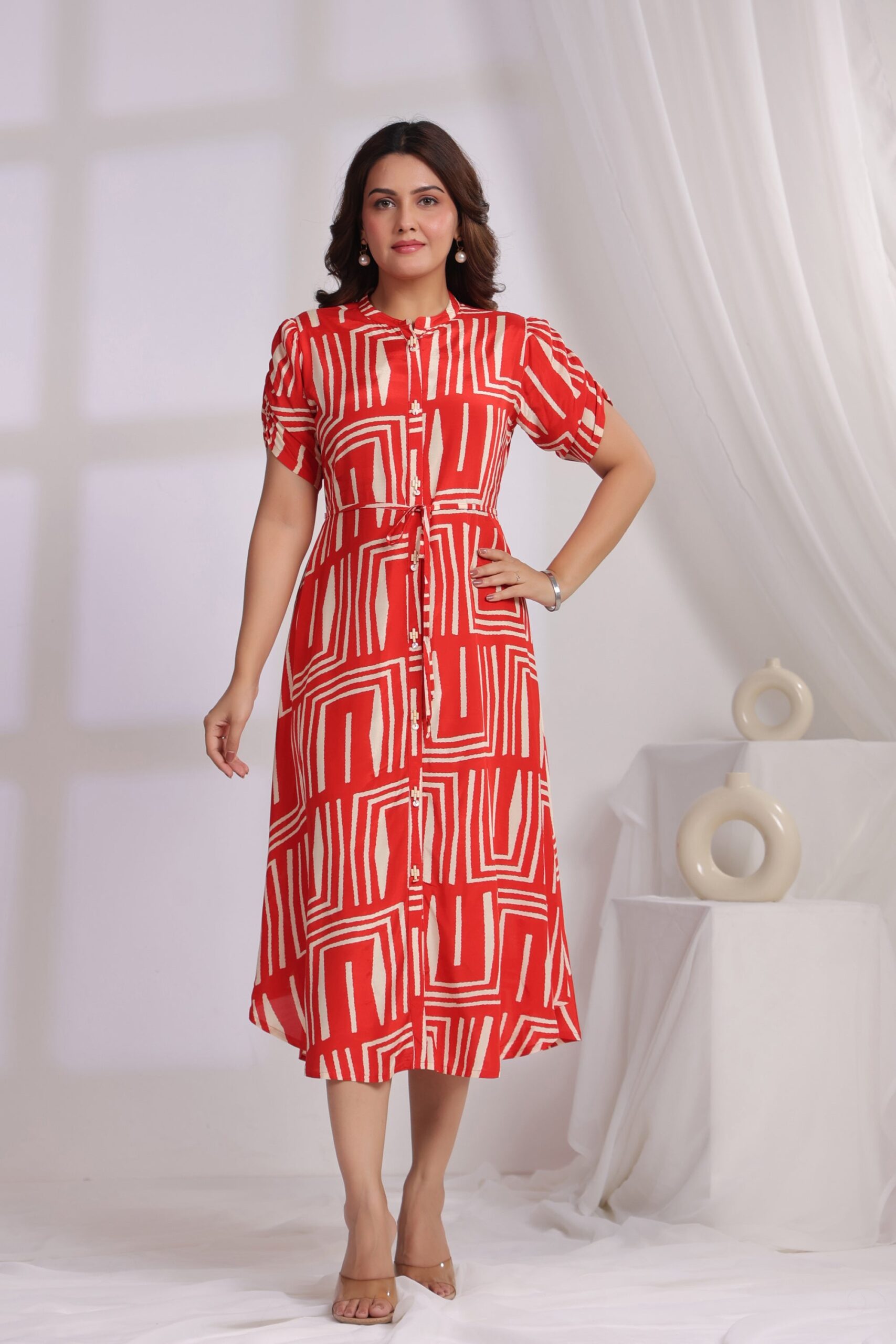 Contemporary Red Graphic Pattern Russian Silk Shirt Dress - Image 5