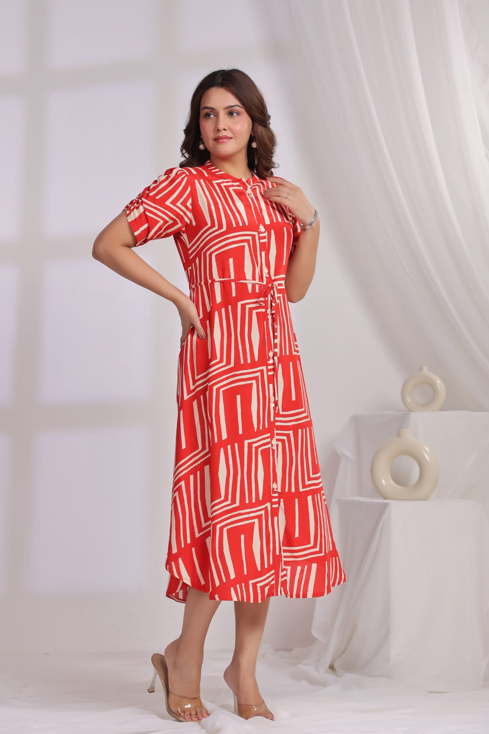 Contemporary Red Graphic Pattern Russian Silk Shirt Dress - Image 3