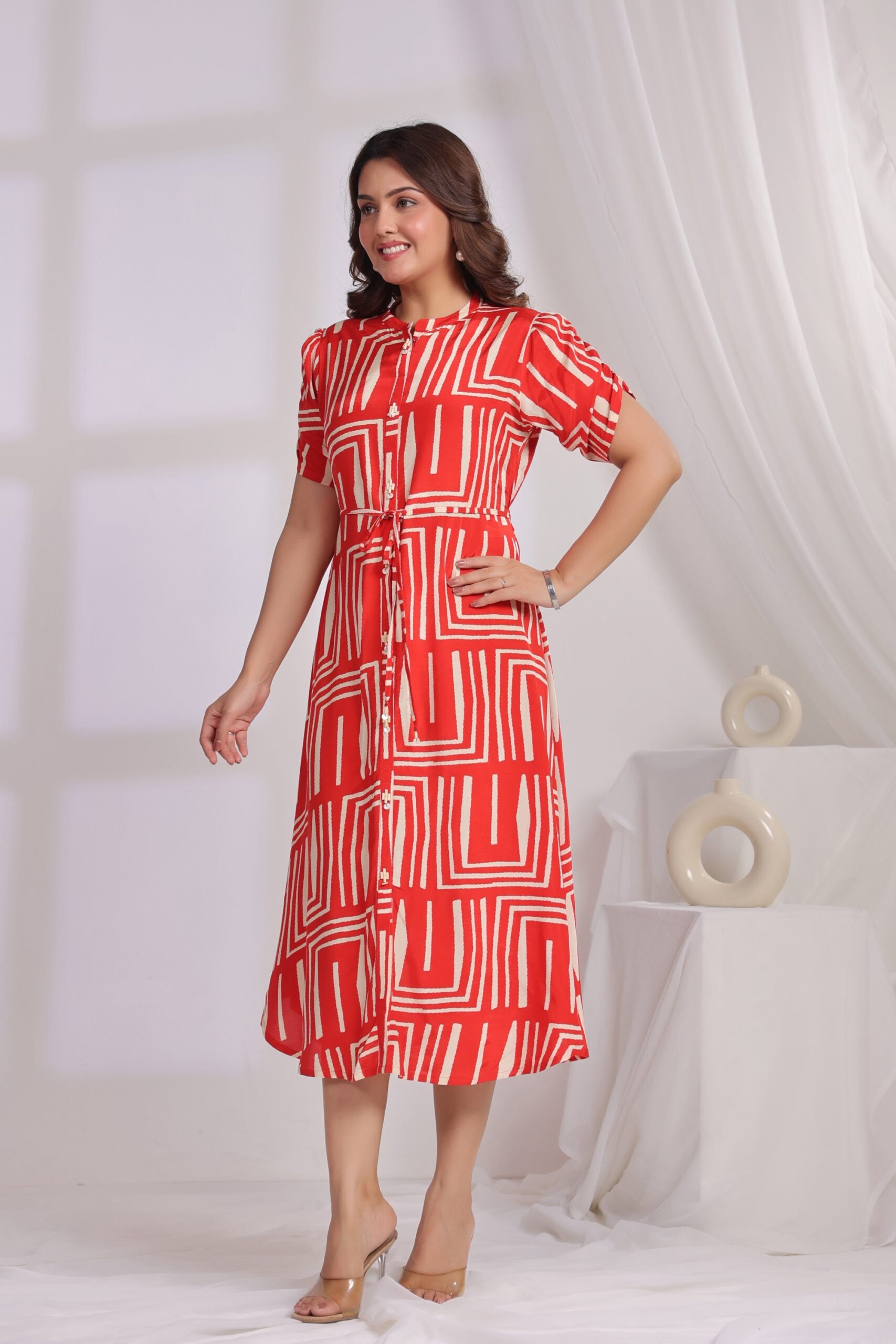 Contemporary Red Graphic Pattern Russian Silk Shirt Dress - Image 4