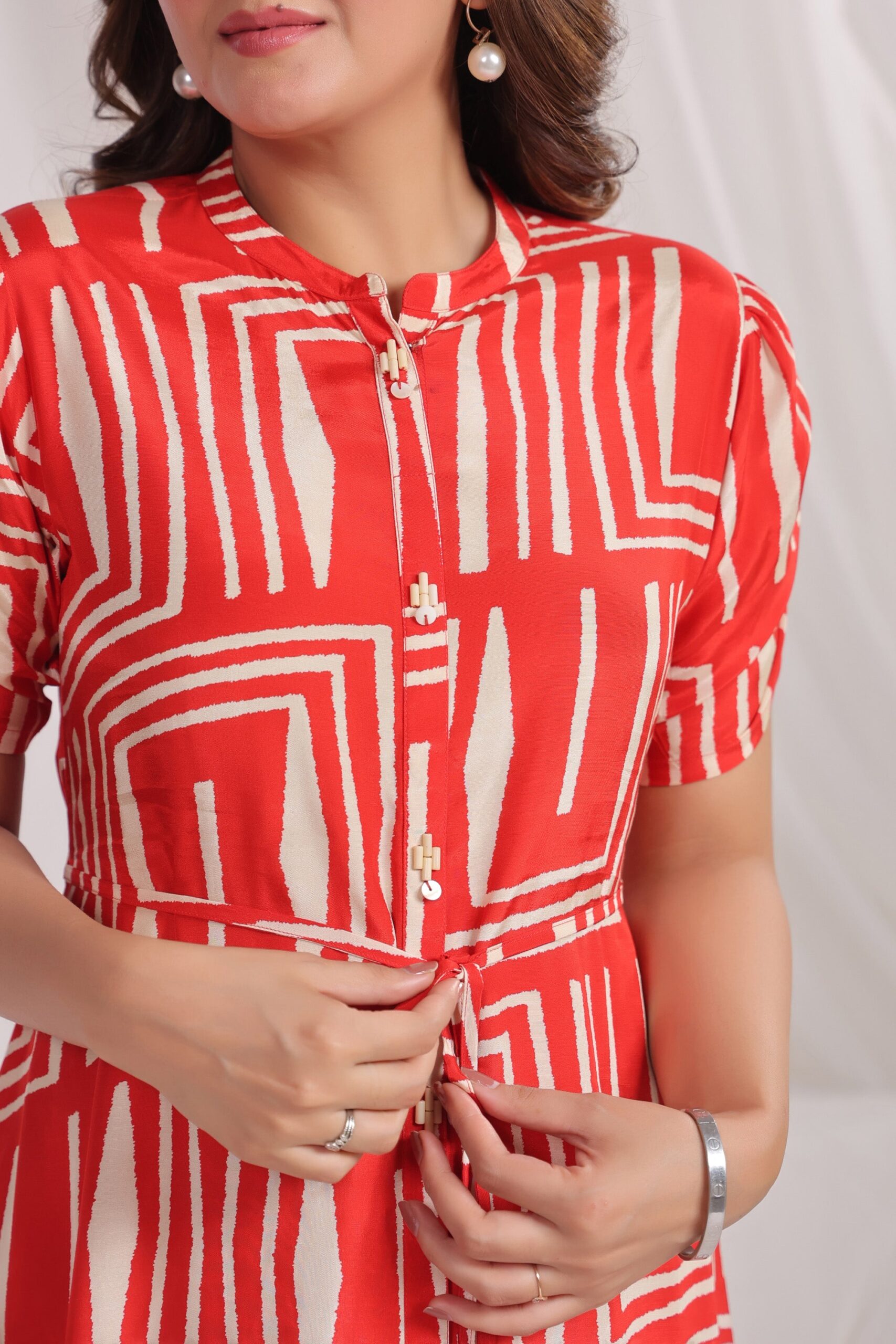 Contemporary Red Graphic Pattern Russian Silk Shirt Dress - Image 8
