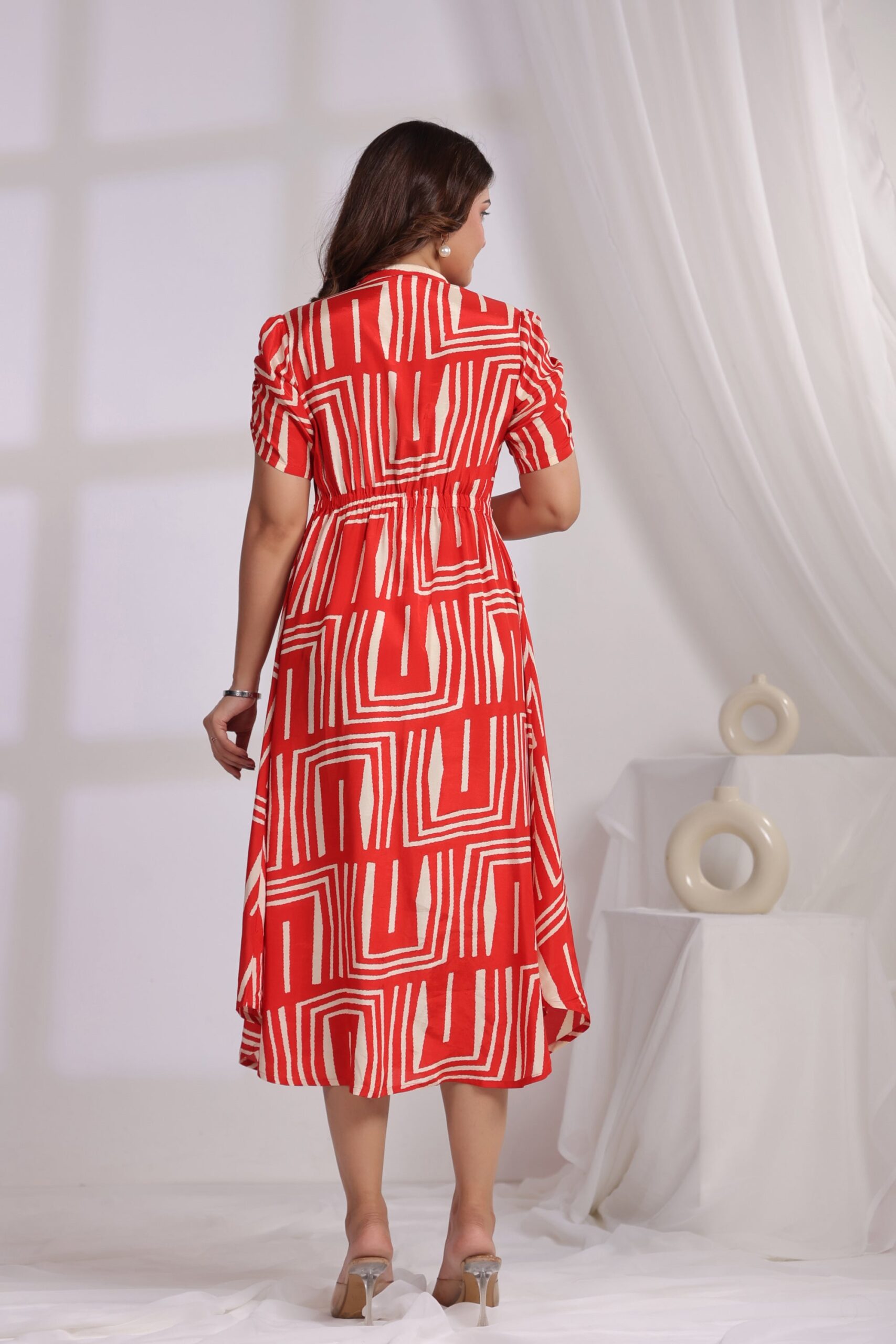 Contemporary Red Graphic Pattern Russian Silk Shirt Dress - Image 6
