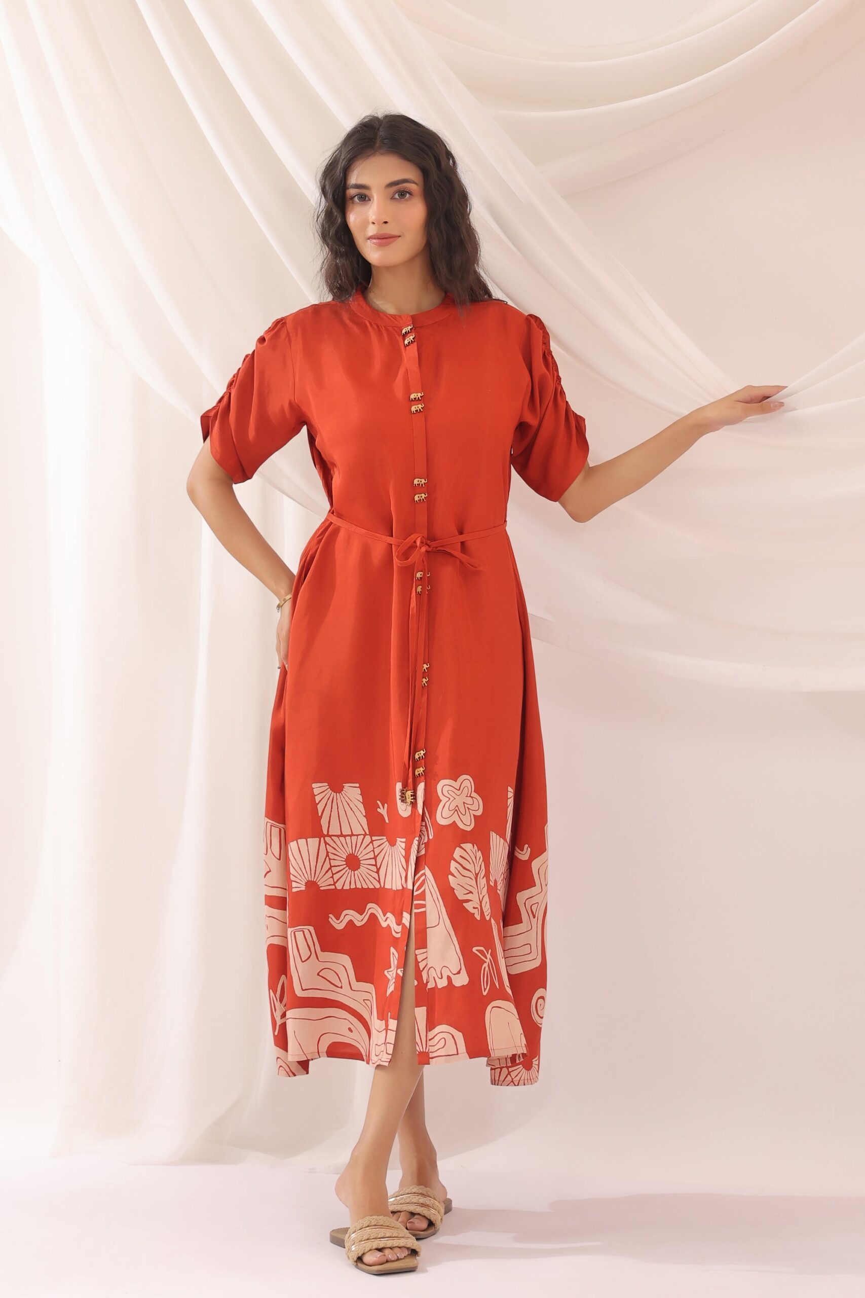 Rust Orange Artistic Printed Shirt Dress in Russian Silk - Image 2