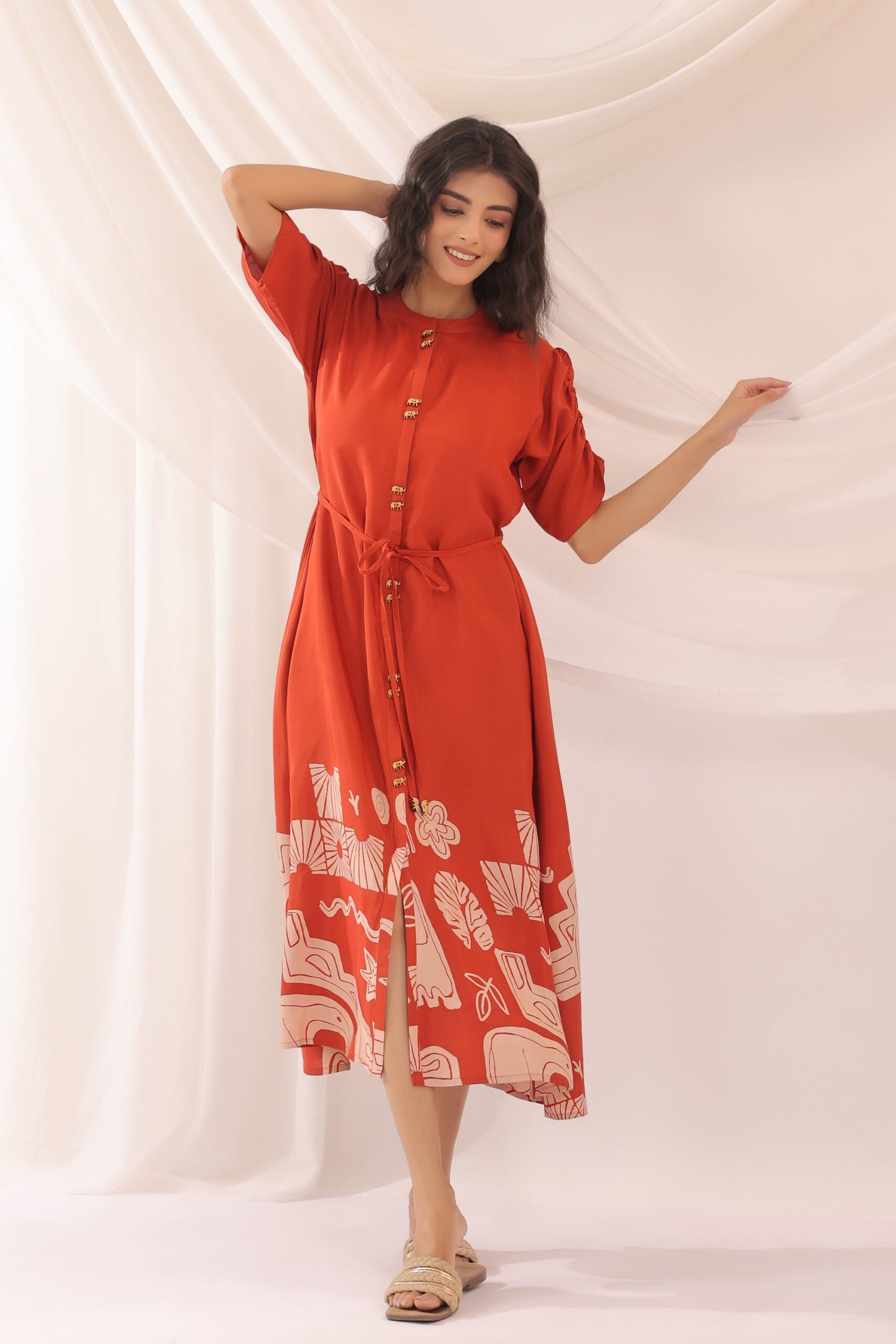 Rust Orange Artistic Printed Shirt Dress in Russian Silk - Image 5