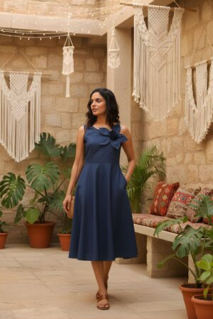 Midnight Blue Bloom 3D Flower Dress