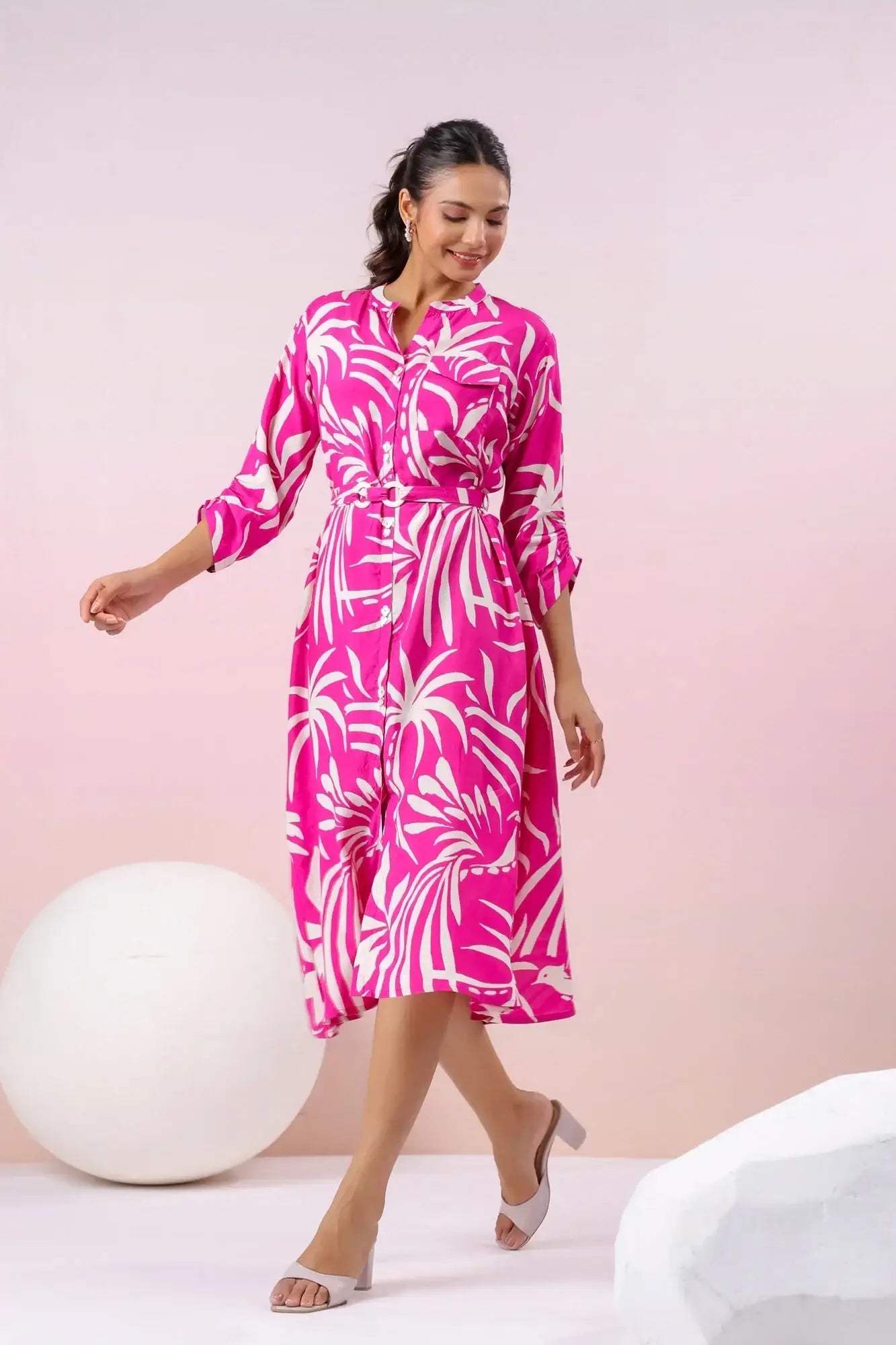 Palm Paradise Pink Russian Silk Dress - Image 6