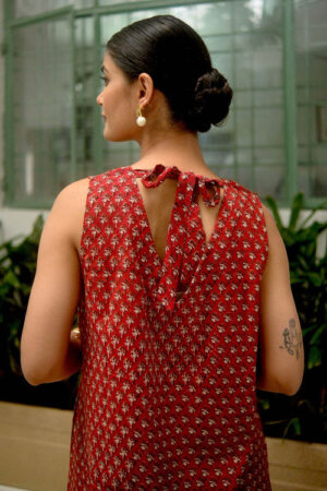 Dharan Hand Block Print Red Jhalar Dress