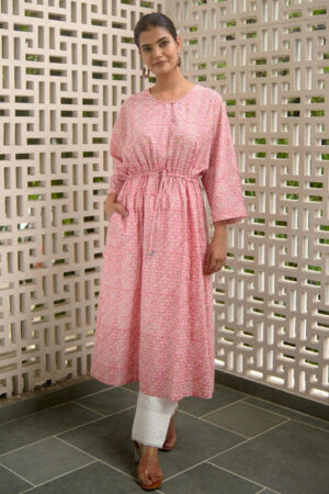 Dharan Hand Block Print Pink Miko Kaftan