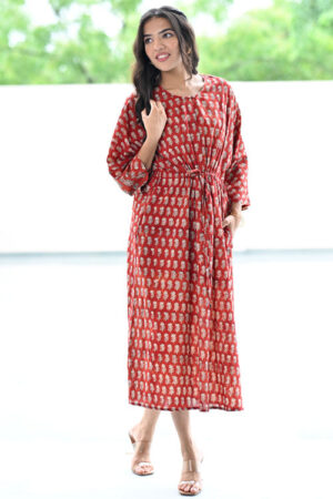 Dharan Hand Block Print Red Miko Kaftan