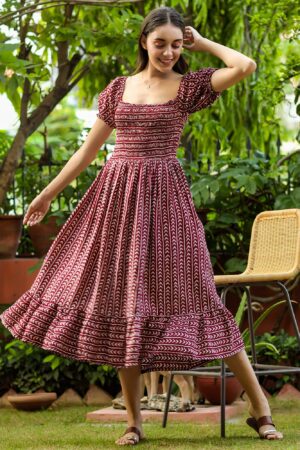 Geometric Arrows on Maroon Silk Midi Dress