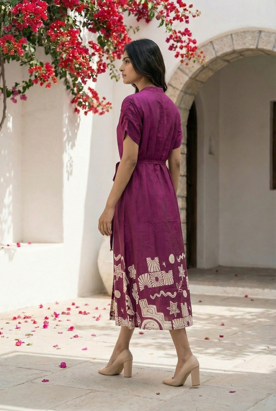 Printed Purple Russian Silk A-Line Dress with Front Buttons & Statement Print Border - Image 4