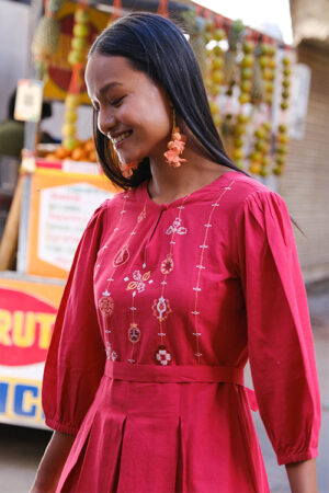 Okhai Red Velvet Suf Embroidered Hand-woven Cotton Dress