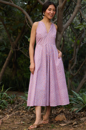 Okhai Soft Serenade Hand-block Printed Purple Pure Cotton Dress