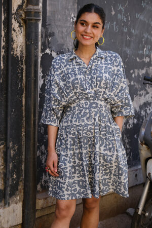 Okhai Slate Hand Block Printed Cotton Dress