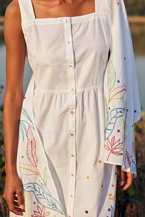 Okhai 'Daydream' Hand Embroidered Mirror Work Pure Cotton Dress with Stole - Image 2