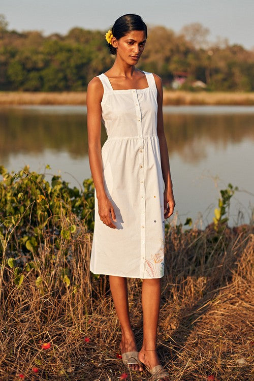 Okhai 'Daydream' Hand Embroidered Mirror Work Pure Cotton Dress with Stole - Image 13
