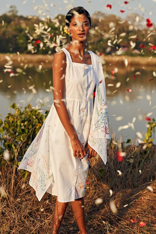 Okhai 'Daydream' Hand Embroidered Mirror Work Pure Cotton Dress with Stole - Image 8