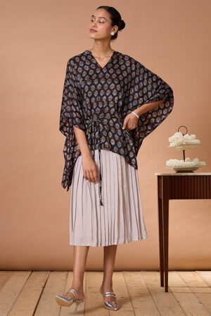 Okhai Sapphire Hymns Hand Embroidered MIrrorwork Handblock Printed Modal Ajrakh Kaftaan