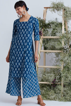 Okhai 'Waves' Hand Block Printed Pure Cotton Kurta Pant Set