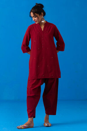 Okhai Ishqiya Hand-Embroidery and Mirror Work Maroon Pure Cotton Kurta Salwar Set
