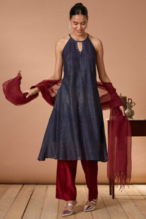 Okhai Opal Ballad Hand Embroidered MIrrorwork Handblock Printed Chanderi Silk Ajrakh Kurta Pant Set with Dupatta