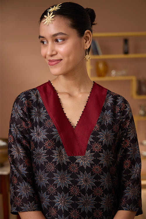 Okhai Carnelian Handblock Printed Chanderi Silk Ajrakh Kurta Pant Set
