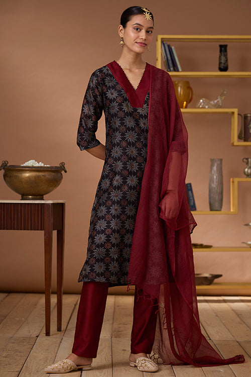 Okhai Carnelian Handblock Printed Chanderi Silk Ajrakh Kurta Pant Set - Image 3
