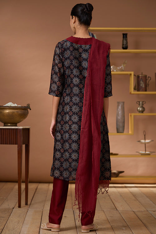 Okhai Carnelian Handblock Printed Chanderi Silk Ajrakh Kurta Pant Set - Image 4