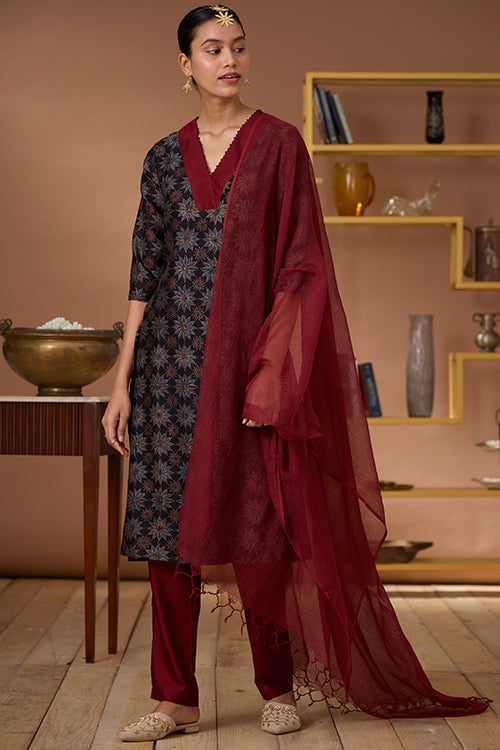Okhai Carnelian Handblock Printed Chanderi Silk Ajrakh Kurta Pant Set - Image 6