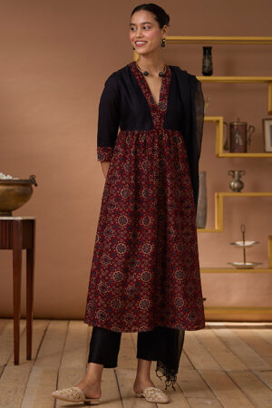 Okhai Amber Flames Handblock Printed Chanderi Silk Ajrakh Kurta Pant Set