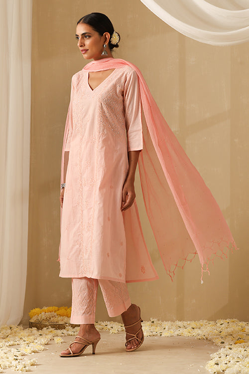 Okhai Gauhar Chikankari and Mukaish work Pure Cotton Kurta Pant Set with Dupatta - Image 11