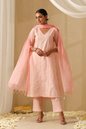 Okhai Gauhar Chikankari and Mukaish work Pure Cotton Kurta Pant Set with Dupatta