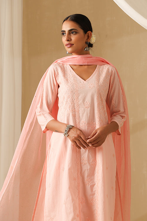 Okhai Gauhar Chikankari and Mukaish work Pure Cotton Kurta Pant Set with Dupatta - Image 3