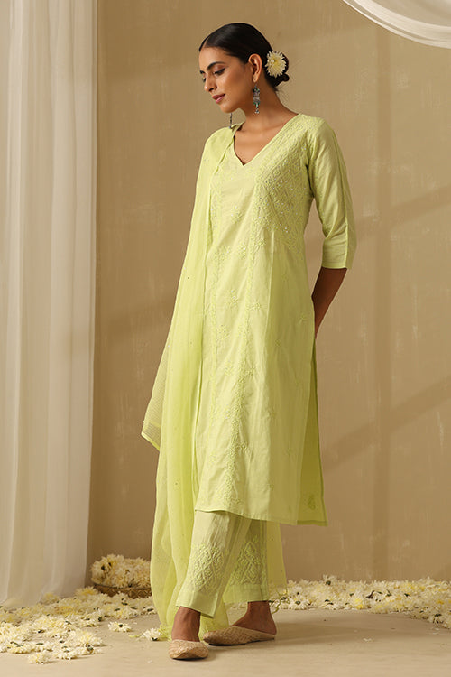 Okhai Ehsaas Chikankari and Mukaish work Pure Cotton Kurta Pant Set with Dupatta - Image 10