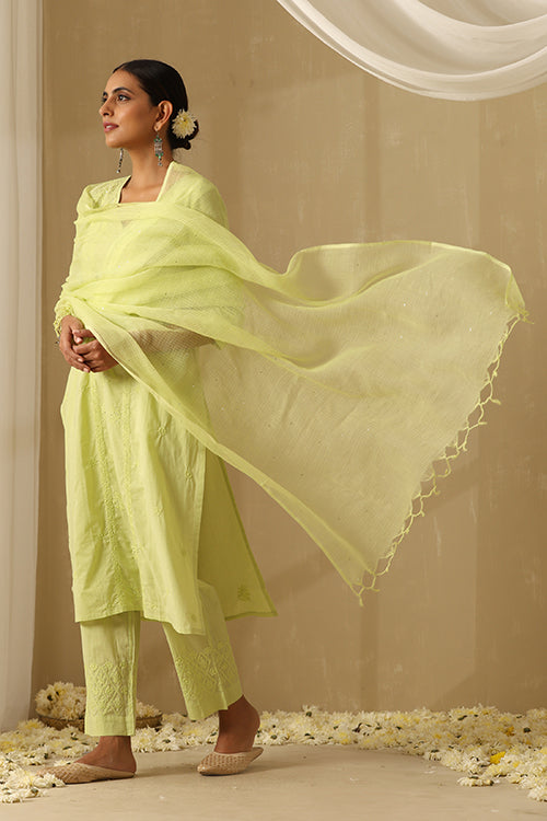 Okhai Ehsaas Chikankari and Mukaish work Pure Cotton Kurta Pant Set with Dupatta - Image 11