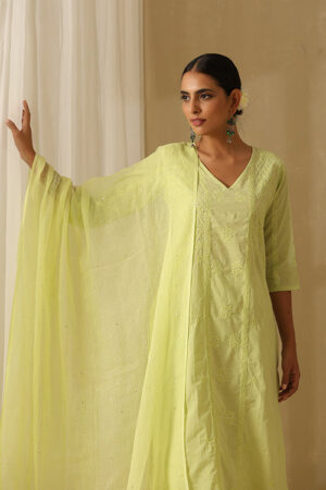 Okhai Ehsaas Chikankari and Mukaish work Pure Cotton Kurta Pant Set with Dupatta