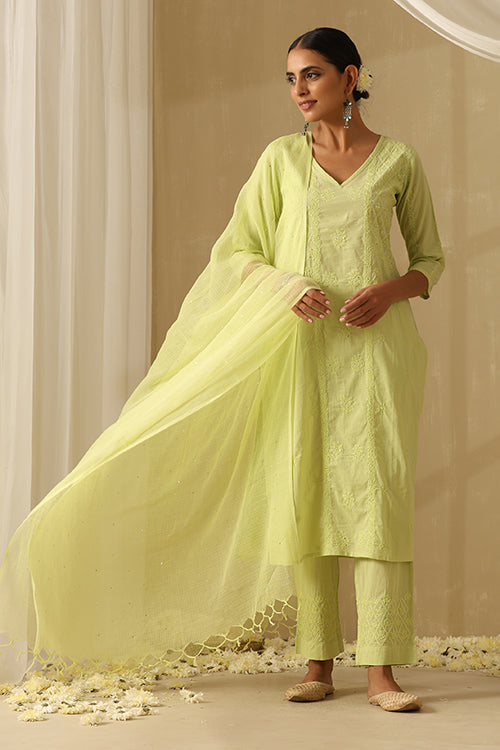Okhai Ehsaas Chikankari and Mukaish work Pure Cotton Kurta Pant Set with Dupatta - Image 2
