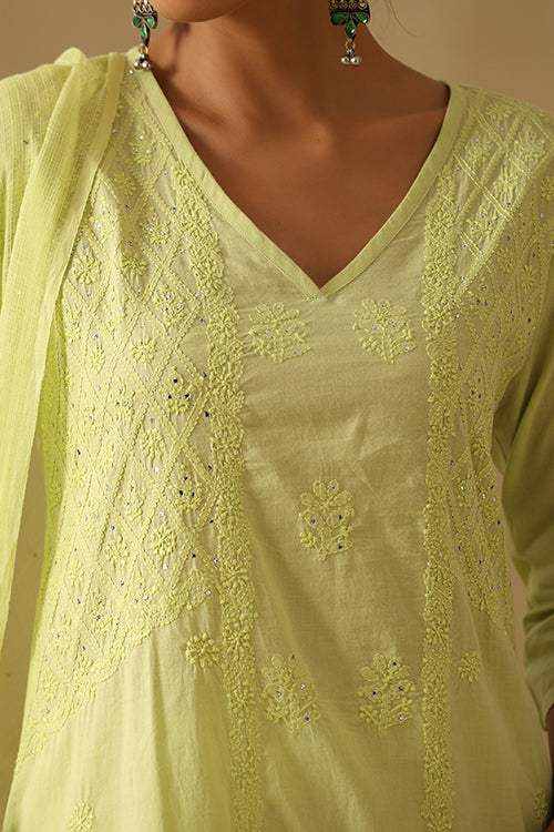 Okhai Ehsaas Chikankari and Mukaish work Pure Cotton Kurta Pant Set with Dupatta - Image 3